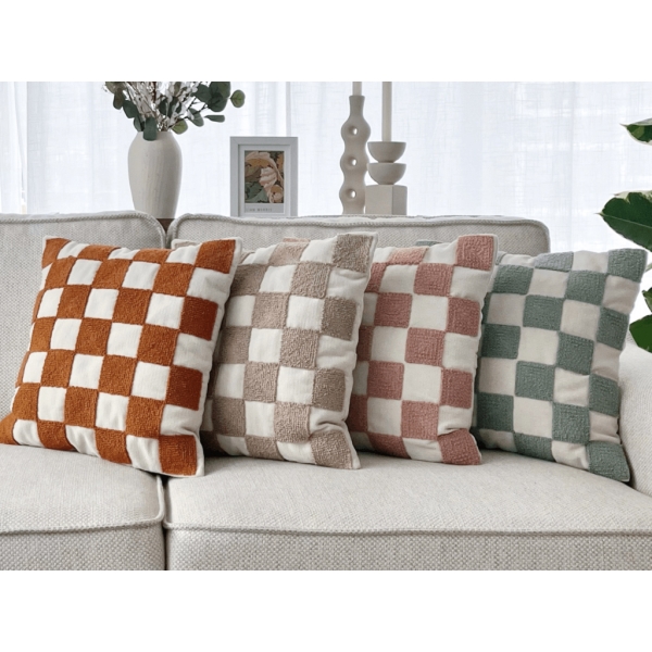Nile Checkered Punch Decorative Cushion With Filling 43 x 43 cm - Beige / Almond Green