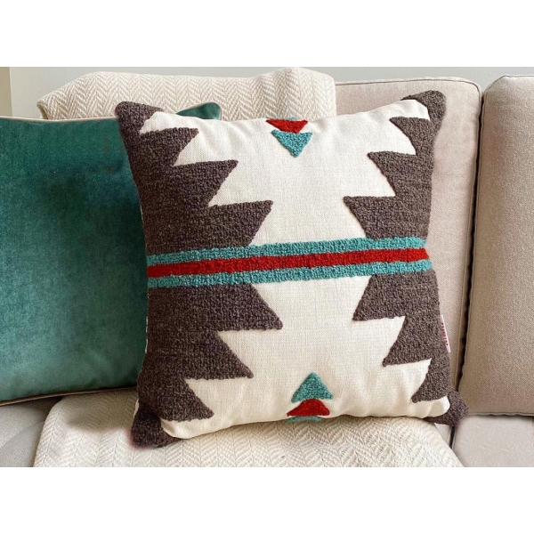 Gordion Punch Decorative Cushion With Filling 43 x 43 cm - Light Beige / Brown Grey / Brick Red / Blue Green