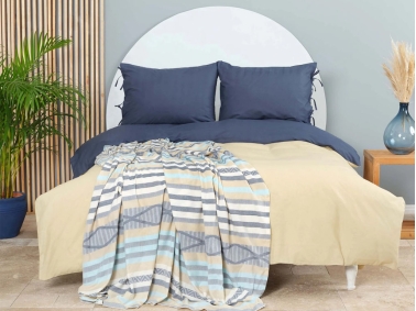 5 Pieces Basic Double Duvet Cover Set 200 x 220 cm With Pique - Beige / Indigo
