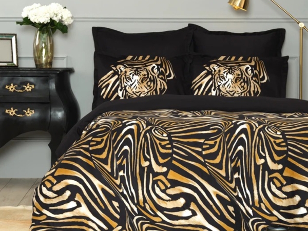 4 Pieces Satin Pardus Double Duvet Cover Set 200 x 220 cm - Black / Mustard