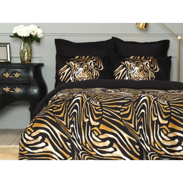 4 Pieces Satin Pardus Double Duvet Cover Set 200 x 220 cm - Black / Mustard