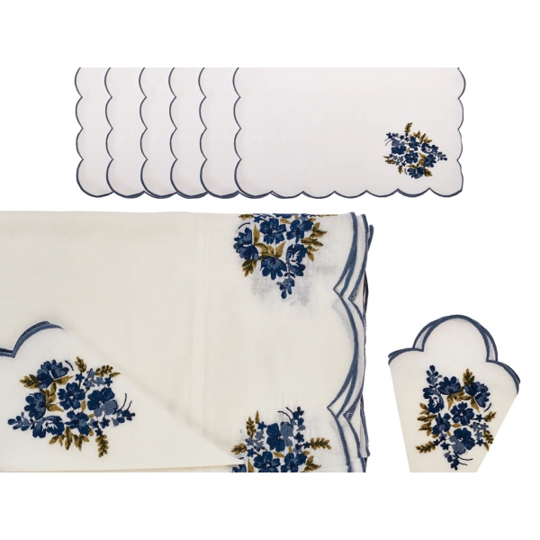 7 Pieces Nostalgia Table Cloth With Napkin Set - White / Indigo