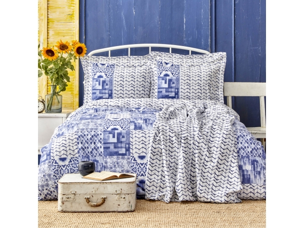 5 Pieces Frescura King Size Duvet Cover Set With Pique 240 x 220 cm - White / Blue
