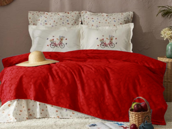 4 Pieces Susie Single Pique Set 160 x 220 cm  - Red / White