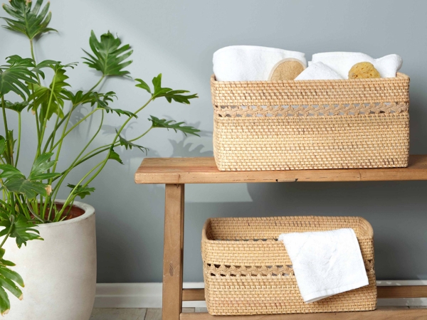 Wave Rattan Rectangular Basket 49 cm - Natural