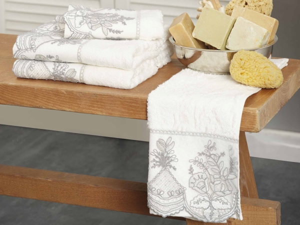 4 Pieces Monique French Lacy Bamboo Towel Set - Grey / Silver