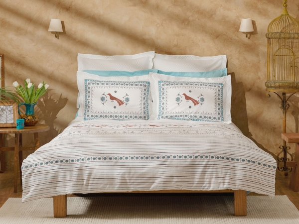 4 Pieces Bird Cotton Double Duvet Cover Set 200 x 220 cm - Blue