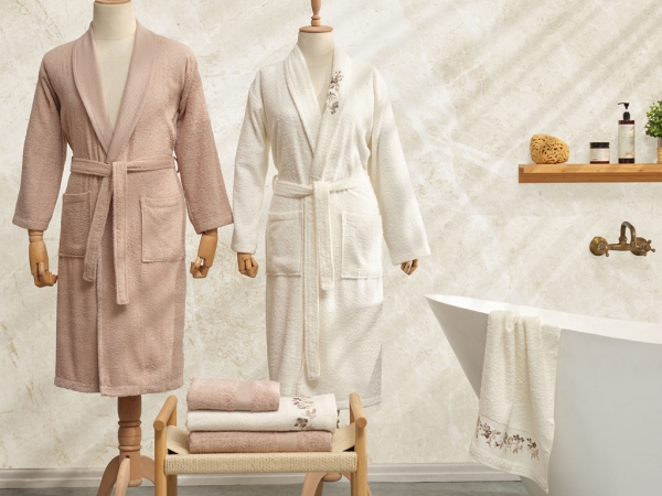 6 Pieces Flora Cotton Embroidered Family Bathrobe Set - Beige