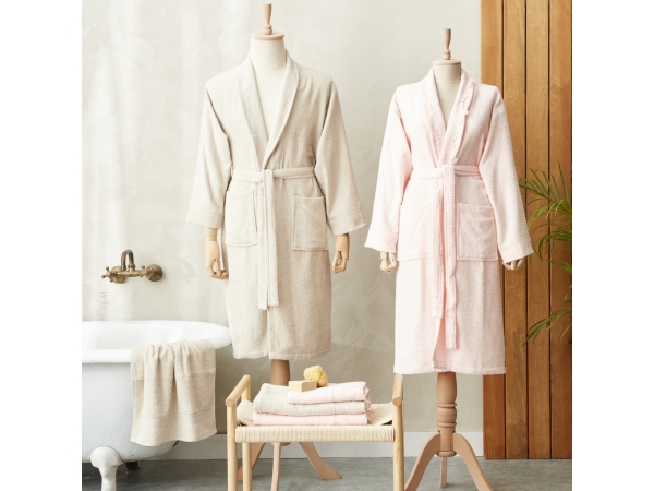 6 Pieces Shine Cotton Bathrobe Set - Powder / Beige