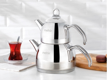 2 Pieces Defne Mirror Finish Middle Size Tea Pot Set 0.85 / 1.75 L - Silver
