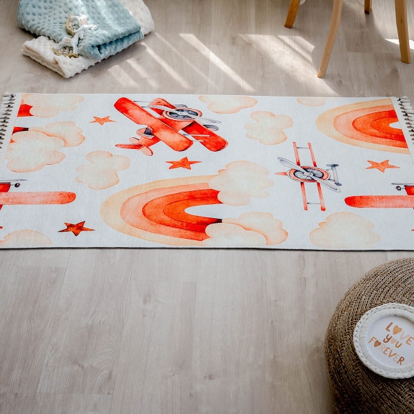 Mango Fly High 160 x 230 cm Cotton Decorative Carpet - Salmon / Burnt Orange / Off White
