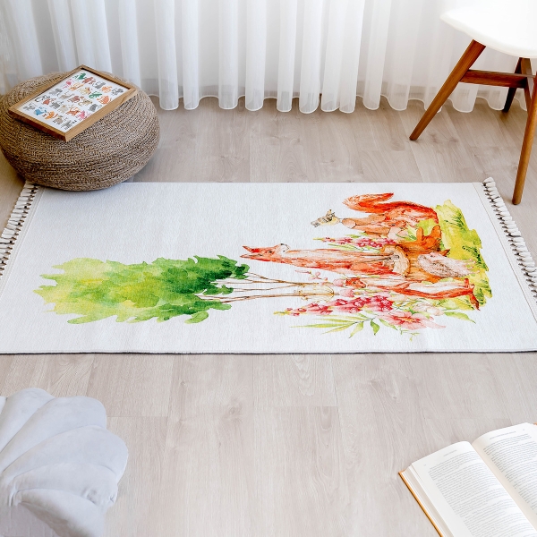 Mango Animal 120 x 180 cm Cotton 3D Printed Decorative Carpet - Green / Off White / Burnt Orange