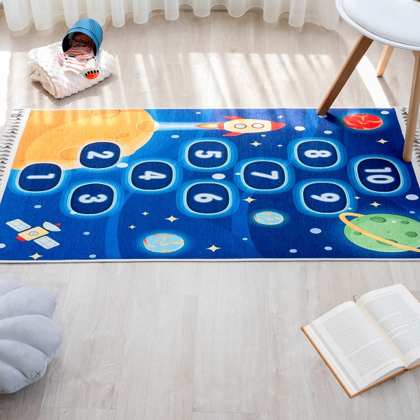 Mango Space Hopscotch 120 x 180 cm Cotton Decorative Carpet - Midnight Blue / Navy Blue / Orange / Yellow