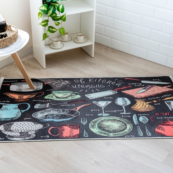 Mango Chef Tools 120 x 180 cm Cotton 3D Printed Decorative Carpet - Black / Red / Green / Orange