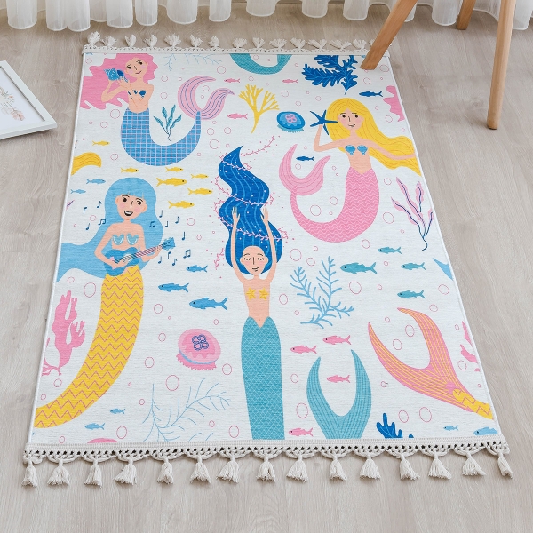 Mango Mermaid 160 x 230 cm Cotton Decorative Carpet - Blue / Pink / Yellow