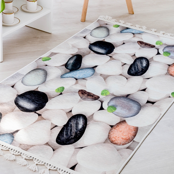 Mango Sea Stones 80 x 150 cm Cotton Decorative Carpet - White / Black / Green / Blue