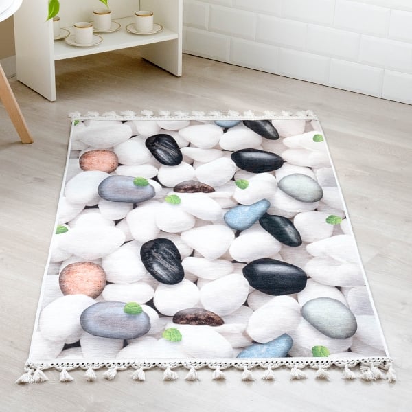Mango Sea Stones 160 x 230 cm Cotton Decorative Carpet - White / Black / Green / Blue