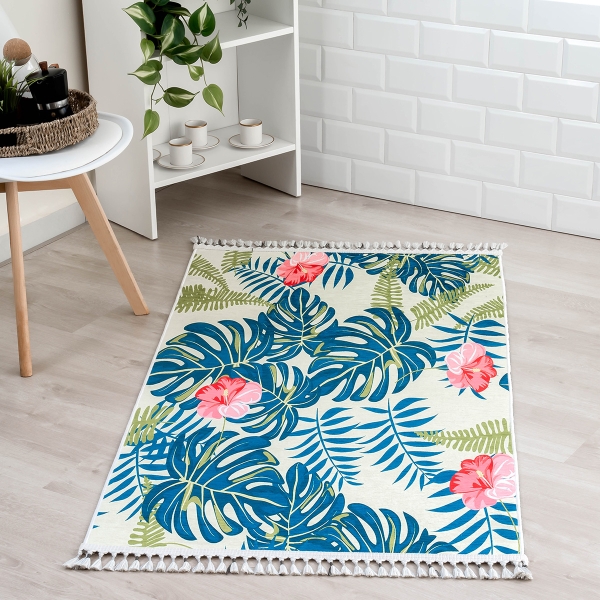 Mango Monstera 200 x 290 cm Cotton Decorative Carpet - Indigo / Beige / Light Green / Pink