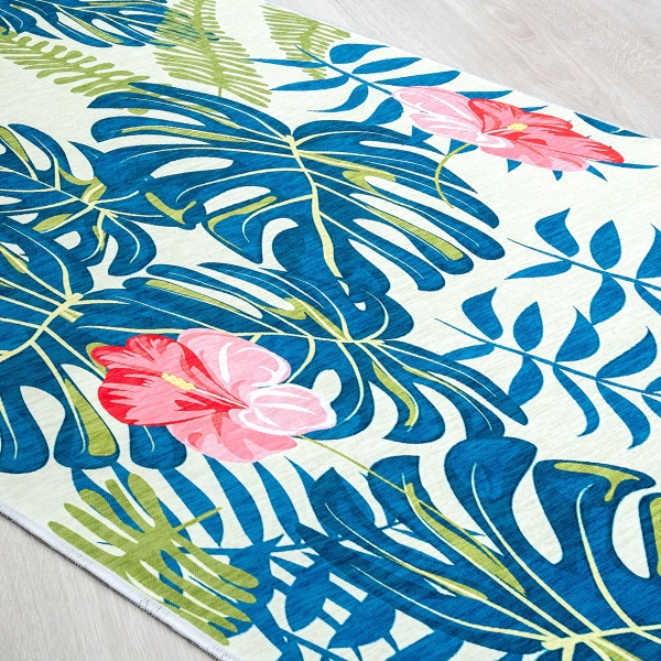 Mango Monstera 80 x 200 cm Cotton Decorative Carpet - Indigo / Beige / Light Green / Pink