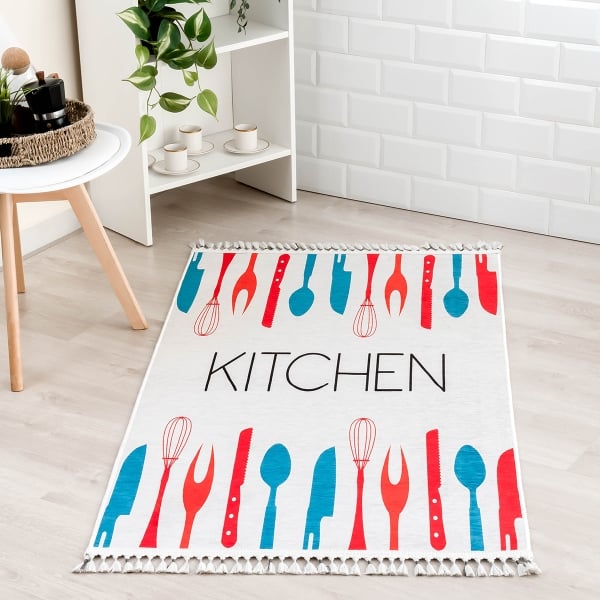 Mango Kitchen 160 x 230 cm Cotton Decorative Carpet - Red / Off White / Dark Blue