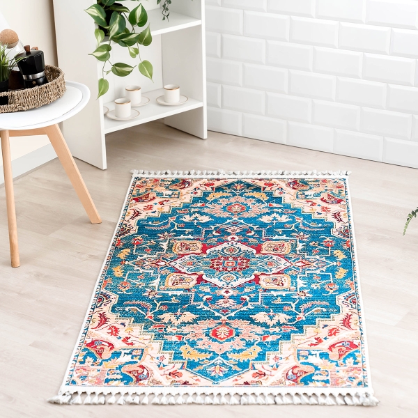 Mango Olva 120 x 180 cm Cotton 3D Printed Decorative Carpet - Salmon / Indigo / Red / Mustard