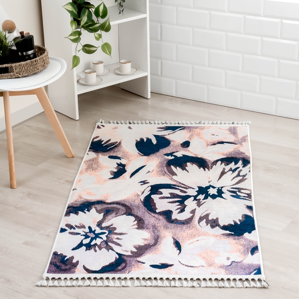 Mango Pansy 120 x 180 cm Cotton Decorative Carpet - Plum / Navy Blue / Salmon / Lilac
