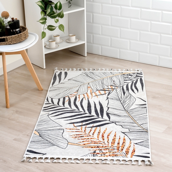 Mango Leafy 200 x 290 cm Cotton Decorative Carpet - Off White / Anthracite / Amber / Black