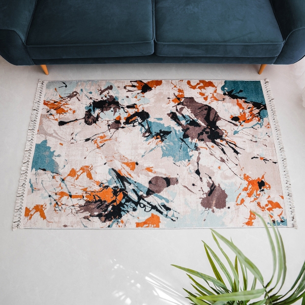 Mango Tris 160 x 230 cm Cotton Decorative Carpet - Off White / Burnt Orange / Mint / Beige