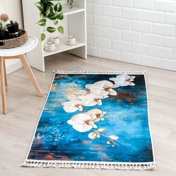 Mango Orchid 160 x 230 cm Cotton Decorative Carpet - Navy Blue / Orange / Blue / Beige