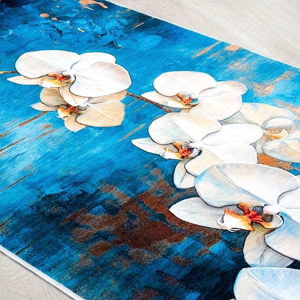 Mango Orchid 80 x 150 cm Cotton Decorative Carpet - Navy Blue / Orange / Blue / Beige