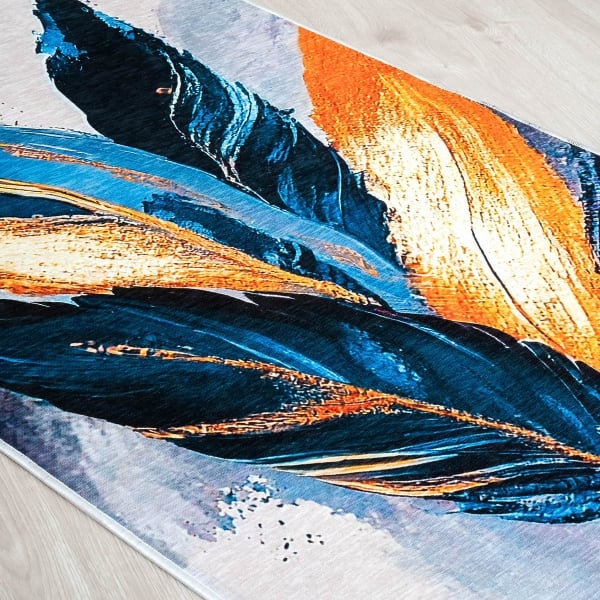 Mango Feathers 80 x 150 cm Cotton Decorative Carpet - Navy Blue / Amber / Cream / Blue