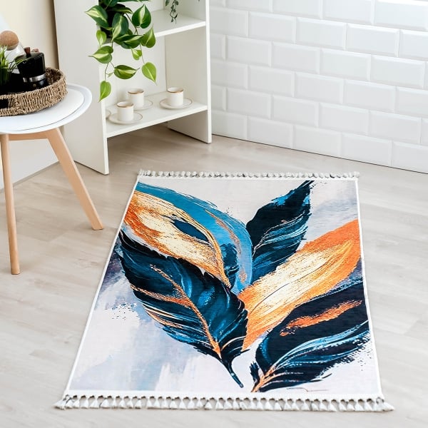 Mango Feathers 160 x 230 cm Cotton Decorative Carpet - Navy Blue / Amber / Cream / Blue