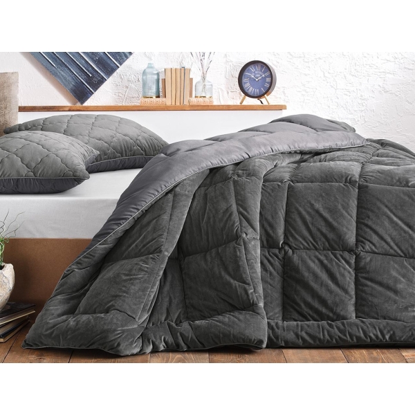 3 Pieces Vovin Velvet Double Quilt Set 195 x 215 cm ( 250 gr/m2 ) - Anthracite