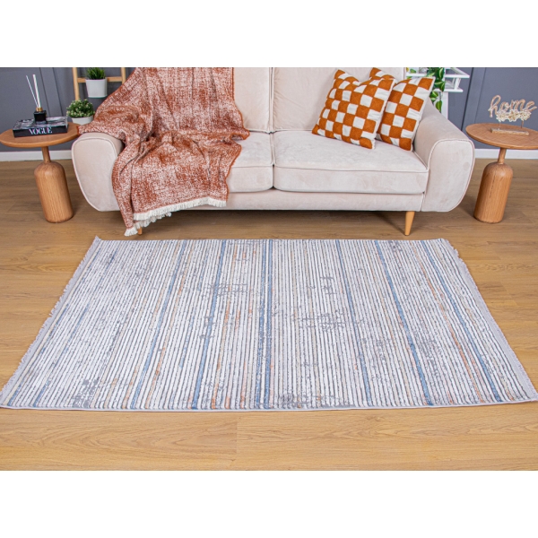 Combed 80 x 300 cm Carisma Zymta Decorative Machine Carpet - Dark Blue / Grey / Brown Orange / Salmon