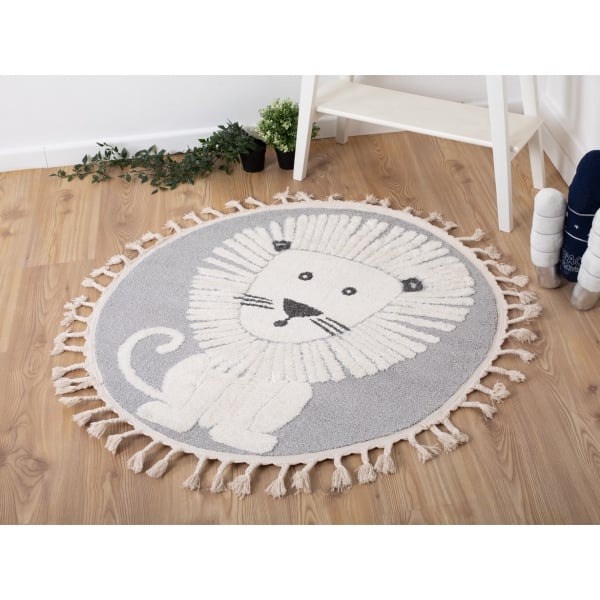 Katy Lion 120 x 120 cm Round Zymta Winter Carpet - Cream / Grey
