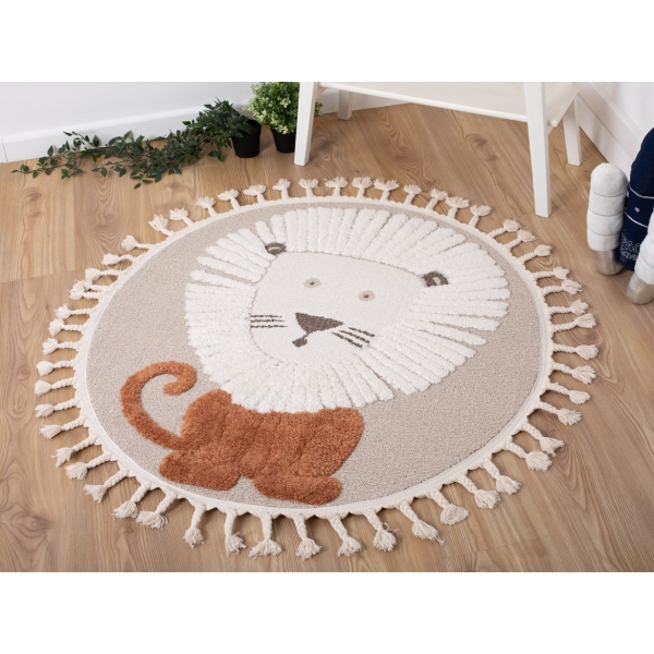 Katy Lion 100 x 100 cm Round Zymta Winter Carpet - Orange / Beige