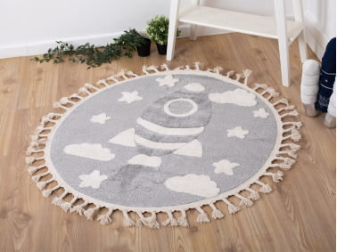Katy Space Rocket 60 x 60 cm Round Zymta Winter Carpet - Cream / Grey