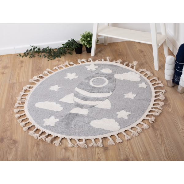 Katy Space Rocket 60 x 60 cm Round Zymta Winter Carpet - Cream / Grey