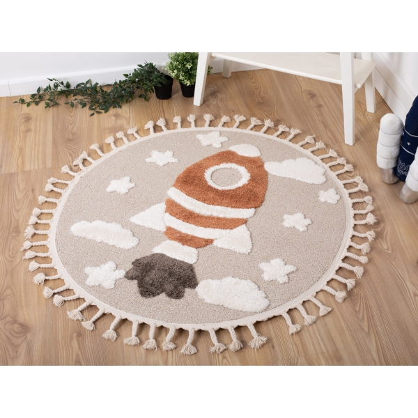 Katy Space Rocket 60 x 60 cm Round Zymta Winter Carpet - Cream / Beige