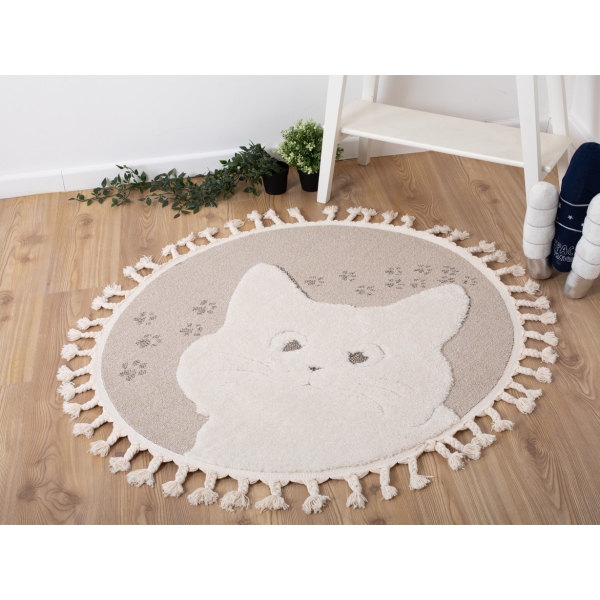 Katy Sneaky Cat 120 x 120 cm Round Zymta Winter Carpet - Cream / Beige