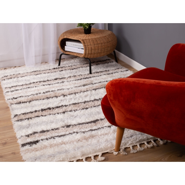 Bohemian Bold Stripes 160 x 230 cm Zymta Winter Carpet - Off White / Dark Grey / Light Beige / Grey