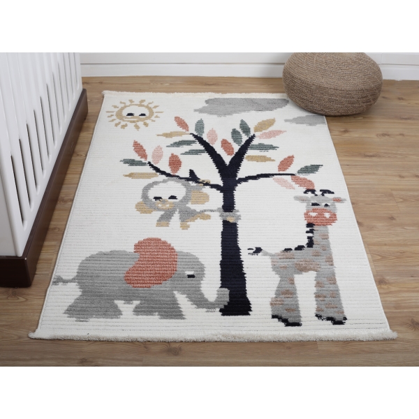 Comfy Wildlife 160 x 230 cm Zymta Winter Carpet - Off White / Grey / Green / Salmon