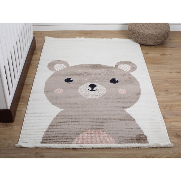 Comfy Happy Bear 120 x 180 cm Zymta Winter Carpet - Light Brown / Off White / Navy Blue / Salmon