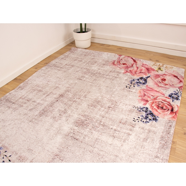 Zymta Rose Angle 160 x 230 Cm Velvet Elastic Carpet Cover - Off White / Brown / Pink