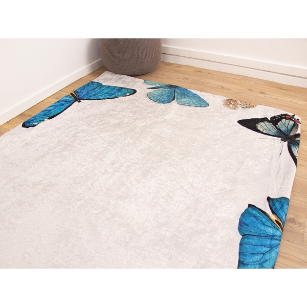 Zymta Butterflies 160 x 230 Cm Velvet Elastic Carpet Cover - Off White / Blue / Yellow