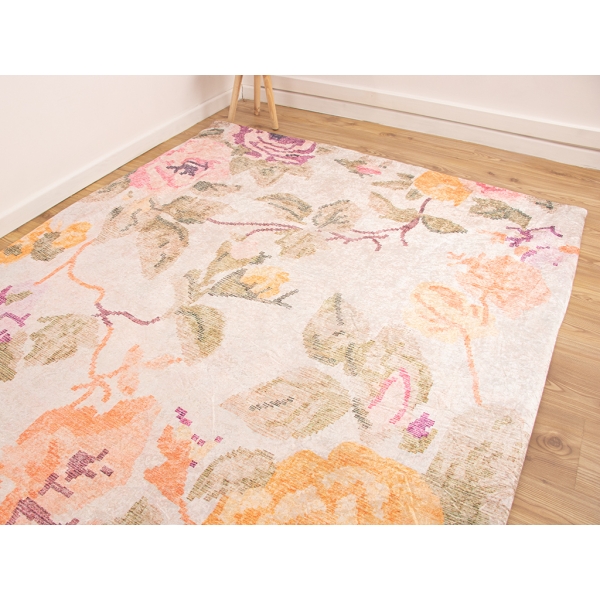 Zymta Blurred Rosy 160 x 230 Cm Velvet Elastic Carpet Cover - Off White / Green / Orange