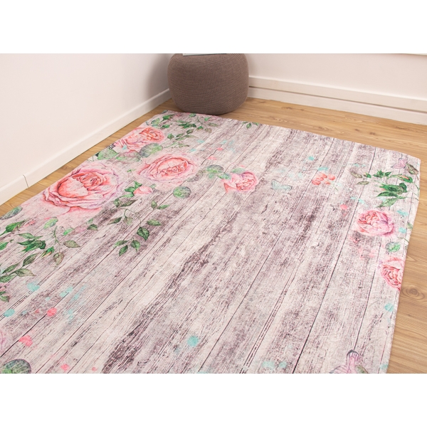 Zymta Rosalie 160 x 230 Cm Velvet Elastic Carpet Cover - Dark Brown / Pink / Green