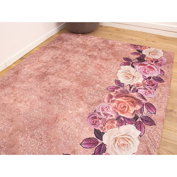 Zymta Roses Ribbon 160 x 230 Cm Velvet Elastic Carpet Cover - Dark Pink / Plum / Beige
