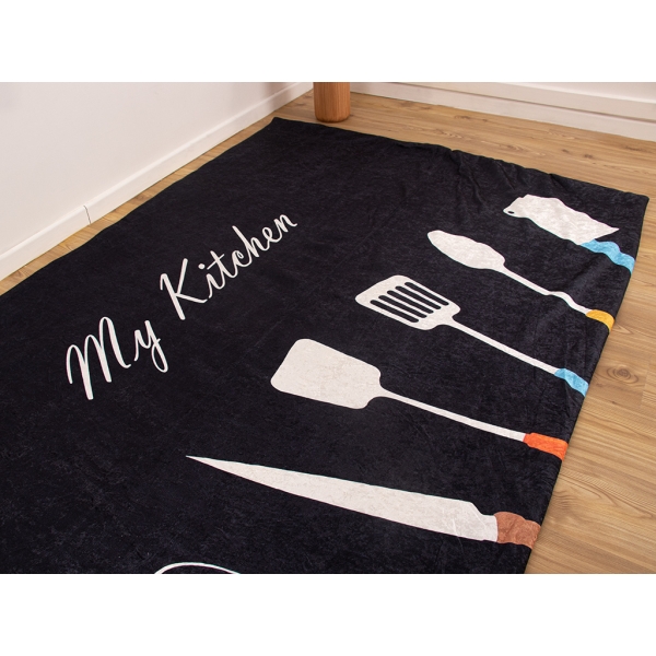 Zymta My Kitchen 160 x 230 Cm Velvet Elastic Carpet Cover - Black / Off White / Orange