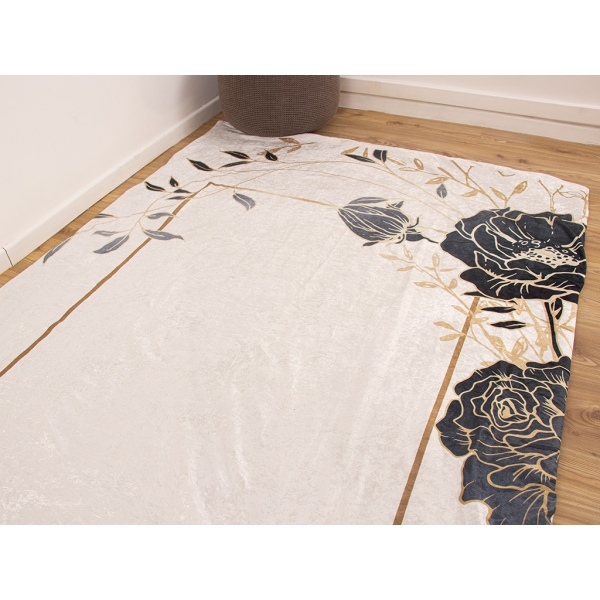 Zymta Big Flower 160 x 230 Cm Velvet Elastic Carpet Cover - Off White / Dark Grey / Gold